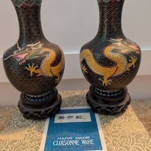 Pair of Vintage Chinese Cloisonné Vases – Black with Dragons – With Stands & Box